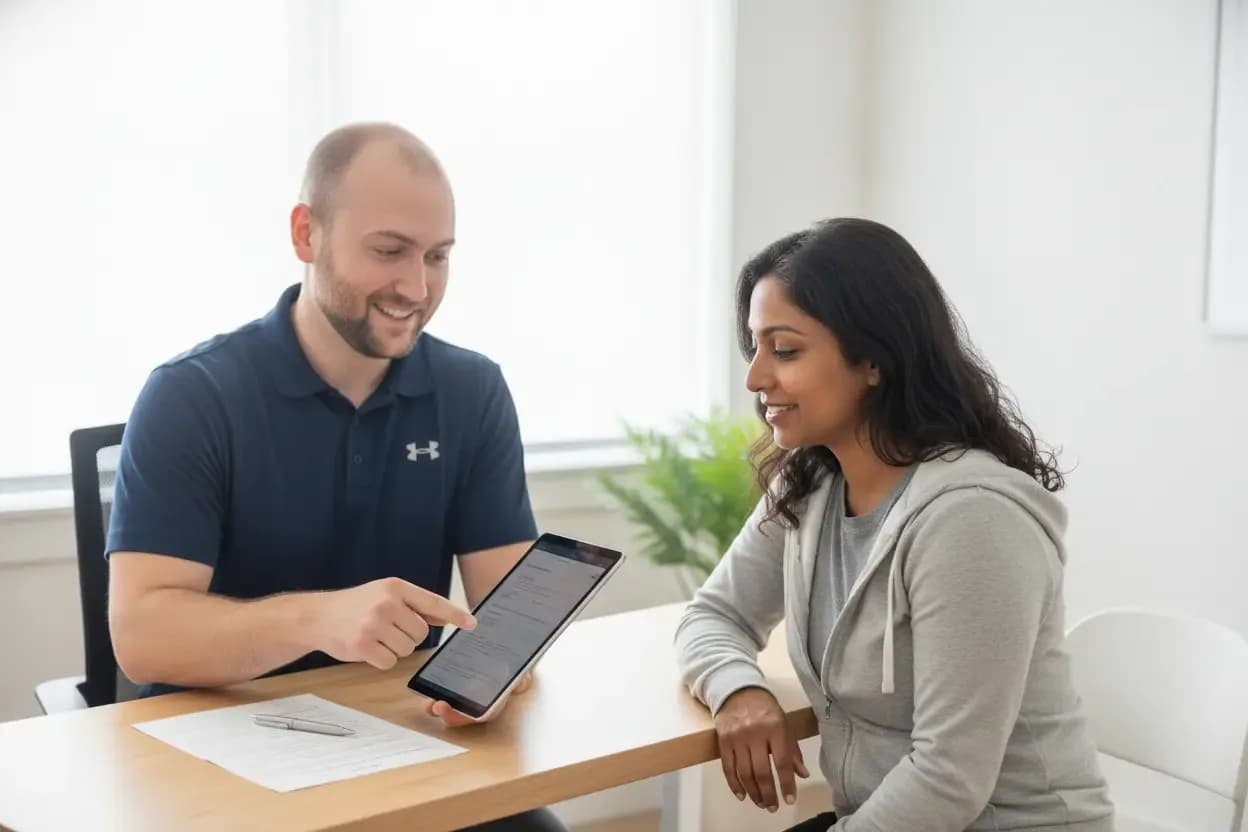 Dr. Serrick reviewing insurance and intake paperwork on a tablet with a patient — BACK IN BALANCE Clinic, downtown Toronto