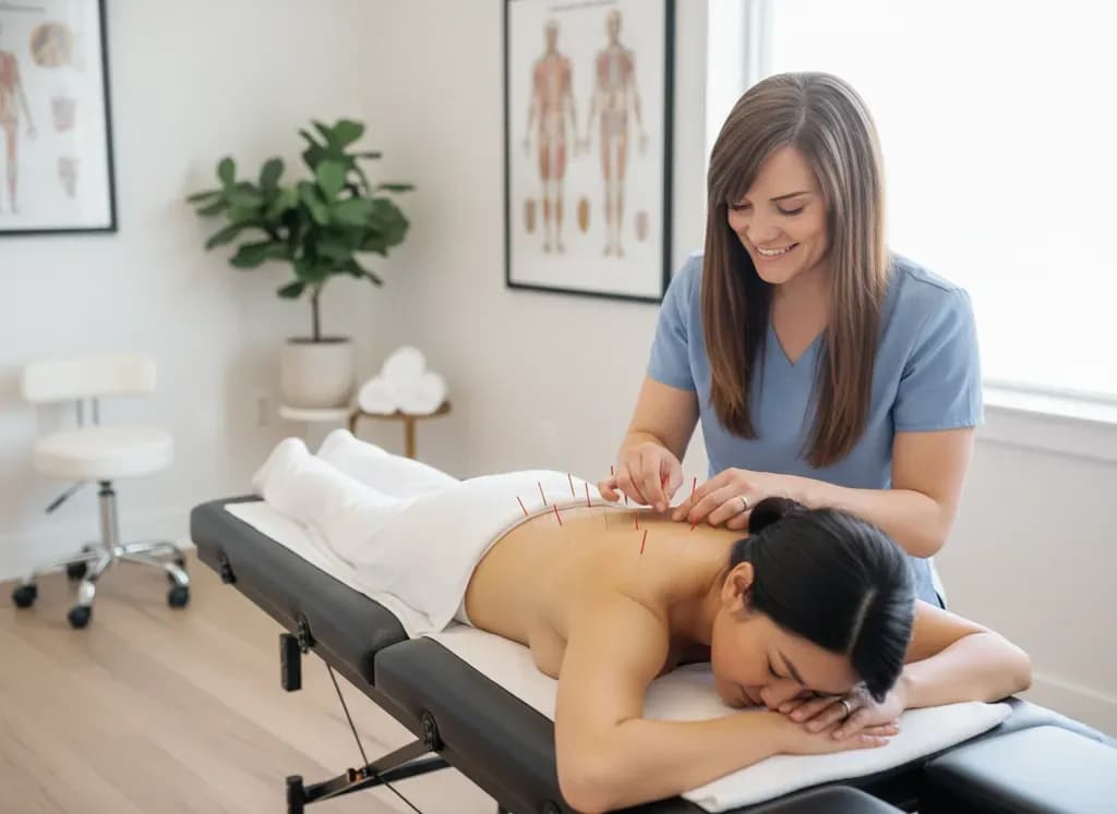 Clinician placing fine acupuncture needles along a female Asian patient upper back/shoulder, precise and clean — BACK IN BALANCE Clinic, downtown Toronto