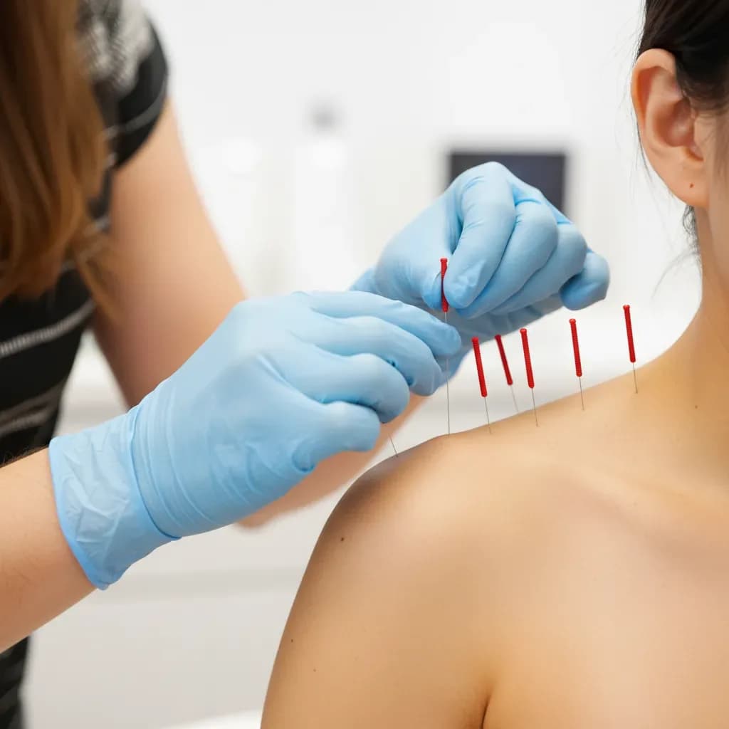 Close-up of acupuncture needles in the upper trapezius, gloved precision — BACK IN BALANCE Clinic, downtown Toronto