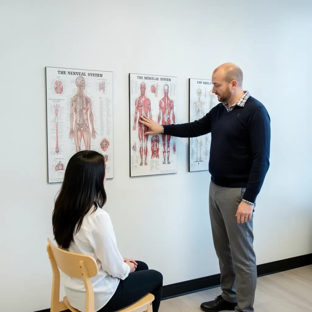 Chiropractor pointing to the lower spine on a skeletal anatomy chart while explaining advanced spine care to a seated patient at BACK IN BALANCE Clinic, downtown Toronto