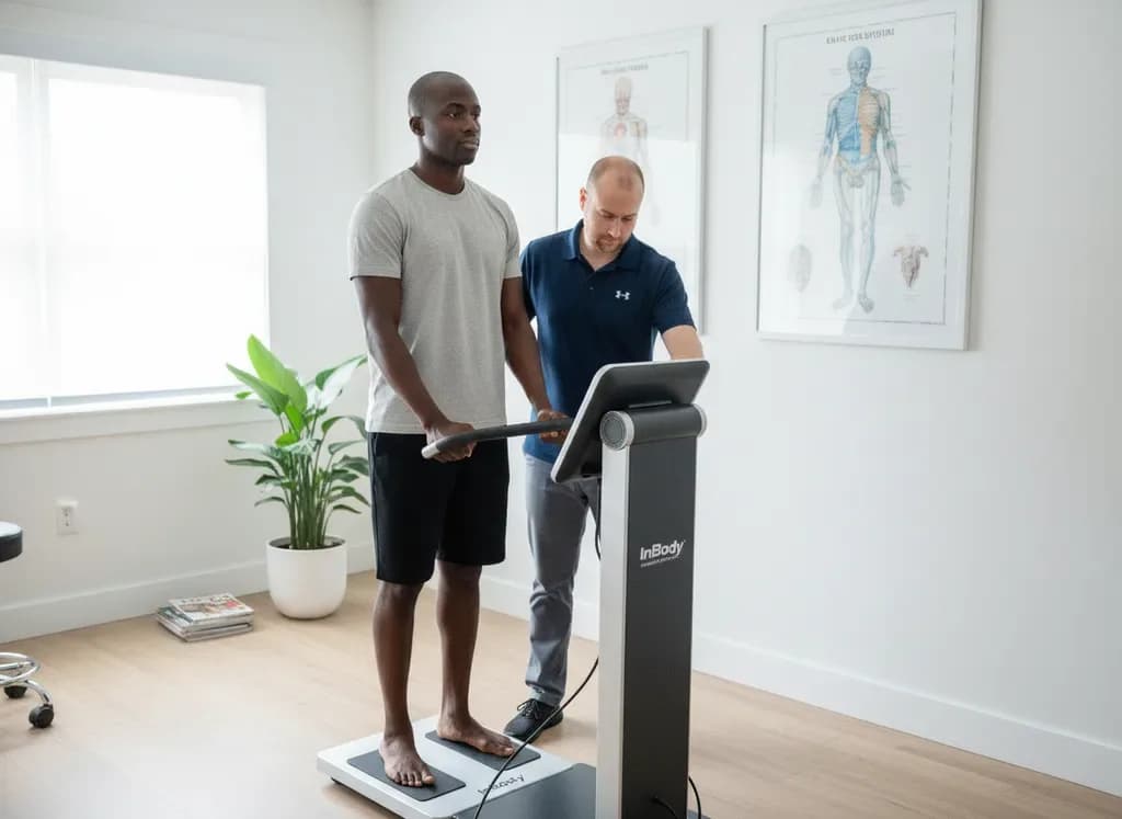 Clinician conducting a body-composition (BIA/InBody-style) measurement of a male Black patient at the device — BACK IN BALANCE Clinic, downtown Toronto
