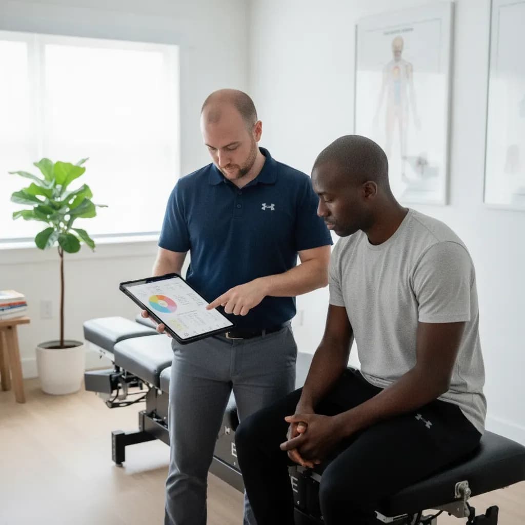Clinician explaining the body-comp results chart to the seated patient — BACK IN BALANCE Clinic, downtown Toronto
