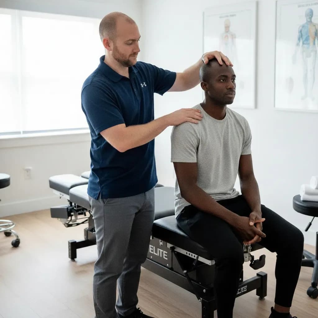 Clinician assessing a male patient soon after head injury, attentive note-taking — BACK IN BALANCE Clinic, downtown Toronto