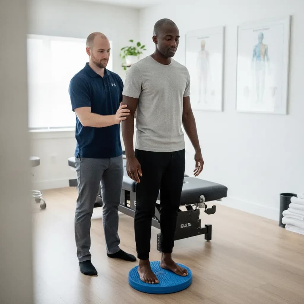 Clinician guiding a balance/vestibular rehab exercise, patient standing on a foam pad — BACK IN BALANCE Clinic, downtown Toronto