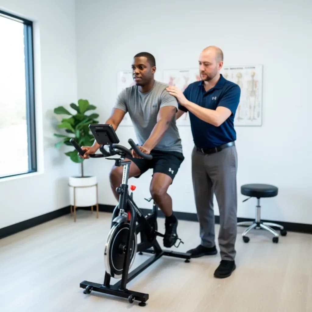 Patient on a stationary bike doing a light exertion test while clinician monitors heart rate — BACK IN BALANCE Clinic, downtown Toronto