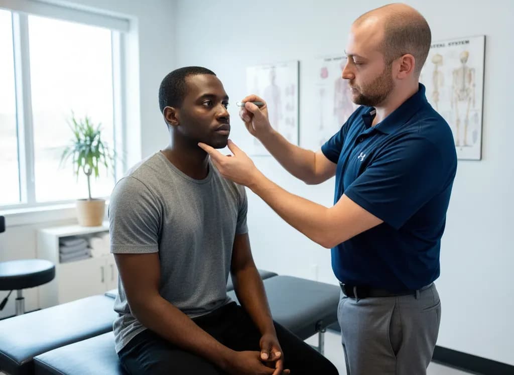 Clinician performing a vestibular/oculomotor concussion assessment, penlight tracking a seated male Black patient eye movements — BACK IN BALANCE Clinic, downtown Toronto