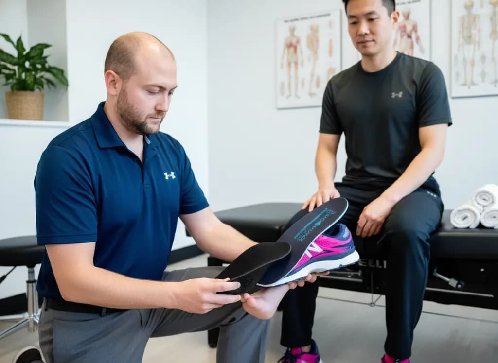 Clinician fitting a custom orthotic into a running shoe and examining a male Asian patient foot — BACK IN BALANCE Clinic, downtown Toronto