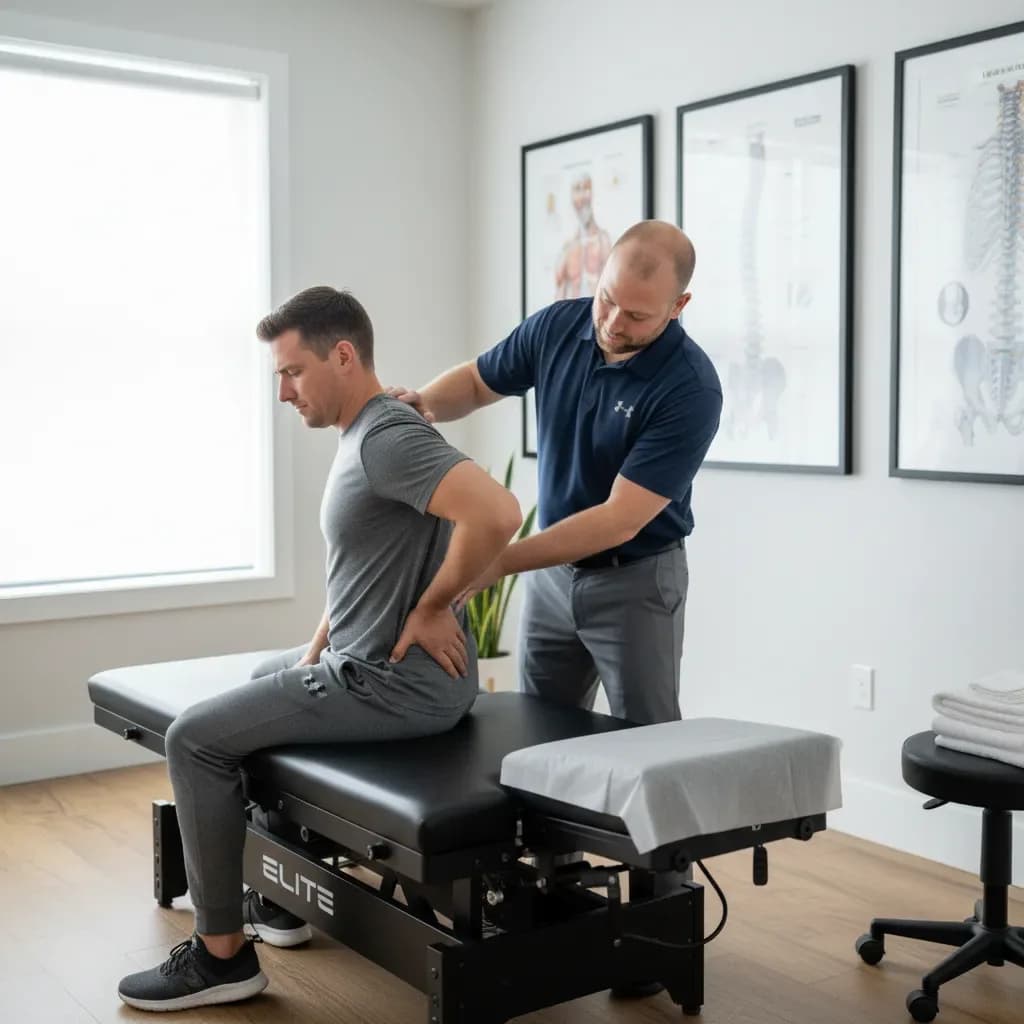 Male patient seated, hand on lower back showing mechanical low-back pain, clinician nearby — BACK IN BALANCE Clinic, downtown Toronto