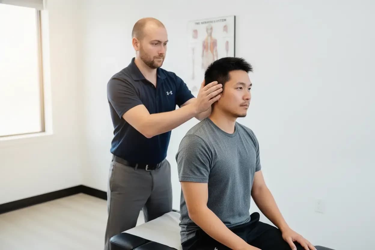 Dr. Matthew Serrick performing a gentle cervical range-of-motion assessment on a patient after a car accident — BACK IN BALANCE Clinic, downtown Toronto