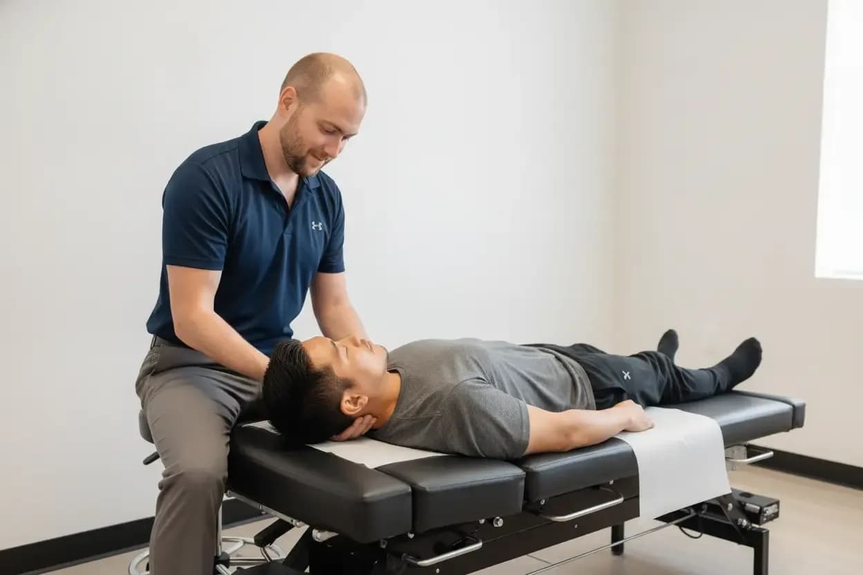 Dr. Serrick applying gentle hands-on treatment to a patient's neck and upper back on the table — BACK IN BALANCE Clinic, downtown Toronto
