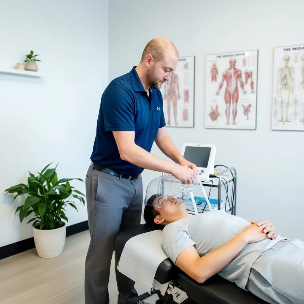 Patient settling comfortably for the resting test, calm clinical setting — BACK IN BALANCE Clinic, downtown Toronto