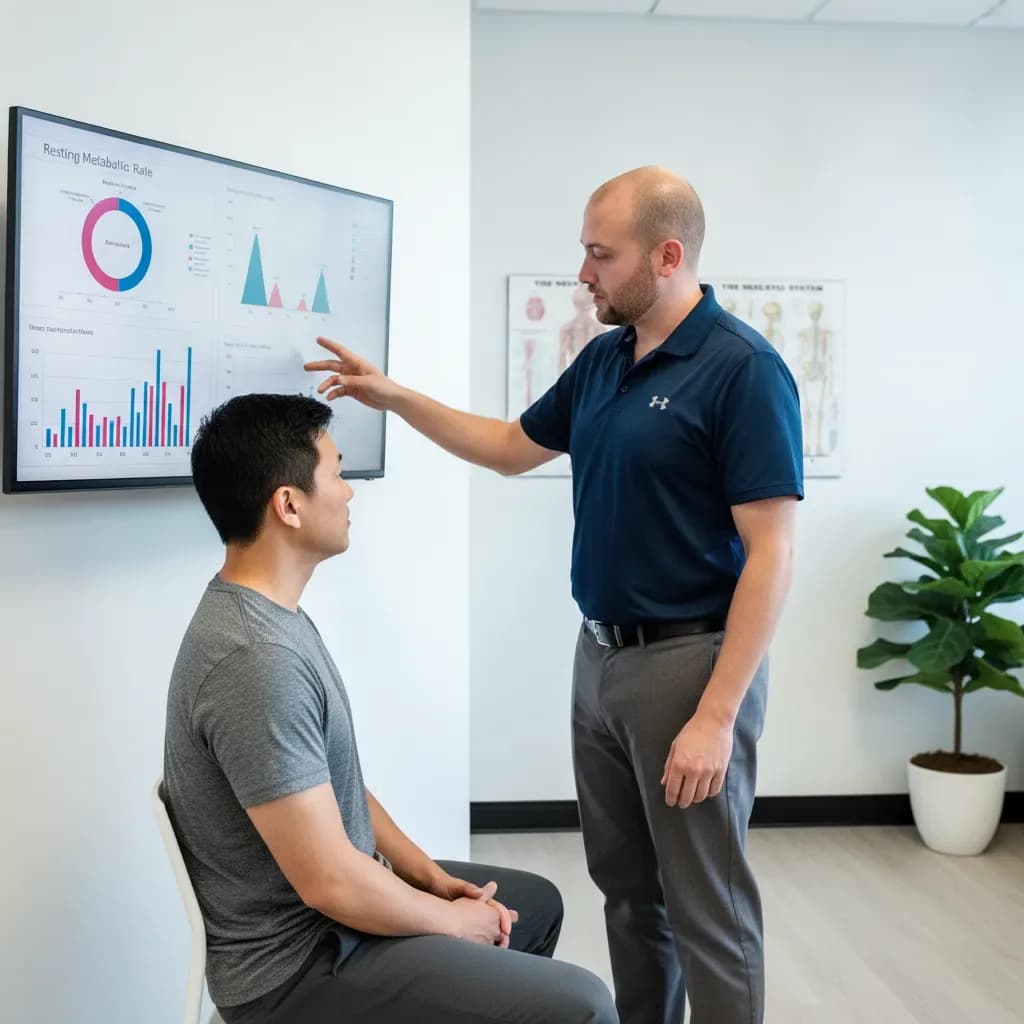 Clinician reviewing RMR results on a screen, explaining to a seated patient — BACK IN BALANCE Clinic, downtown Toronto