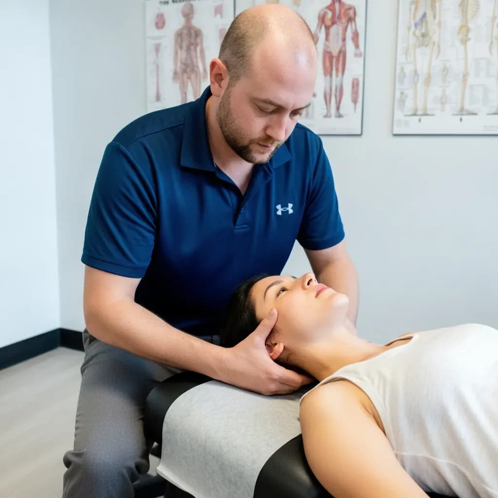 Chiropractor performing gentle cervical spine mobilization on a patient lying on the treatment table at BACK IN BALANCE Clinic, downtown Toronto