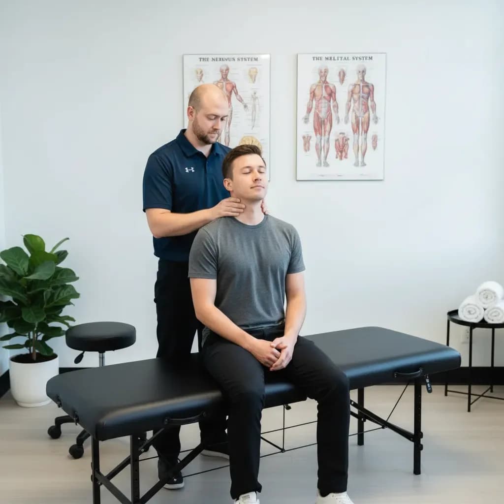 Clinician applying a gentle suboccipital/upper-cervical release to a seated patient with a tension headache — BACK IN BALANCE Clinic, downtown Toronto