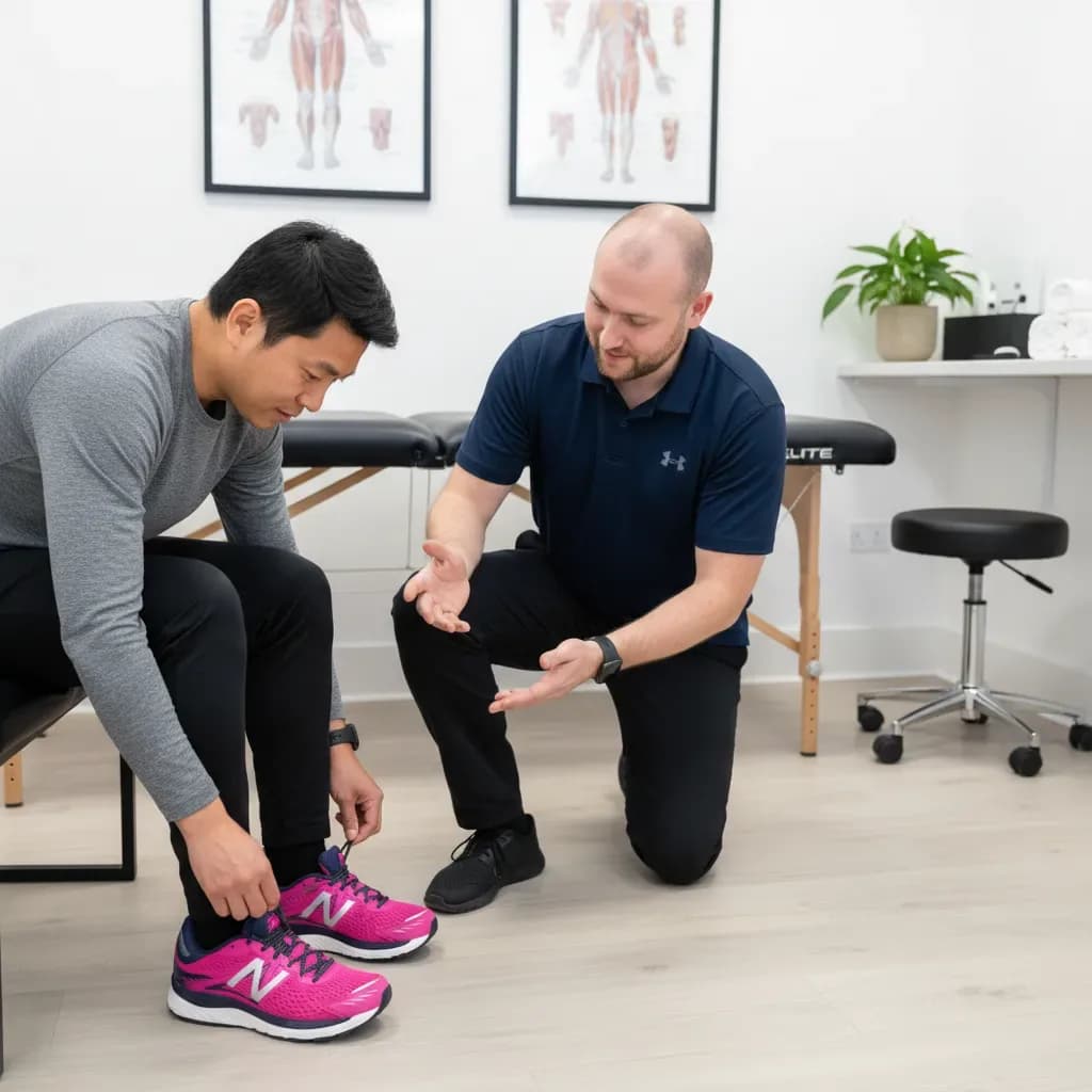 Patient lacing shoes with the new orthotics while clinician advises — BACK IN BALANCE Clinic, downtown Toronto