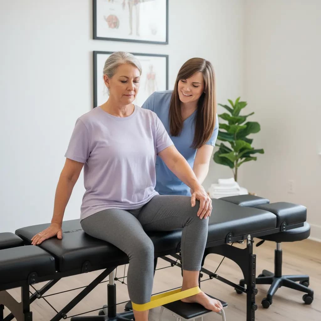 Supervised neuromuscular exercise session for OA, Lisa coaching an older patient — BACK IN BALANCE Clinic, downtown Toronto