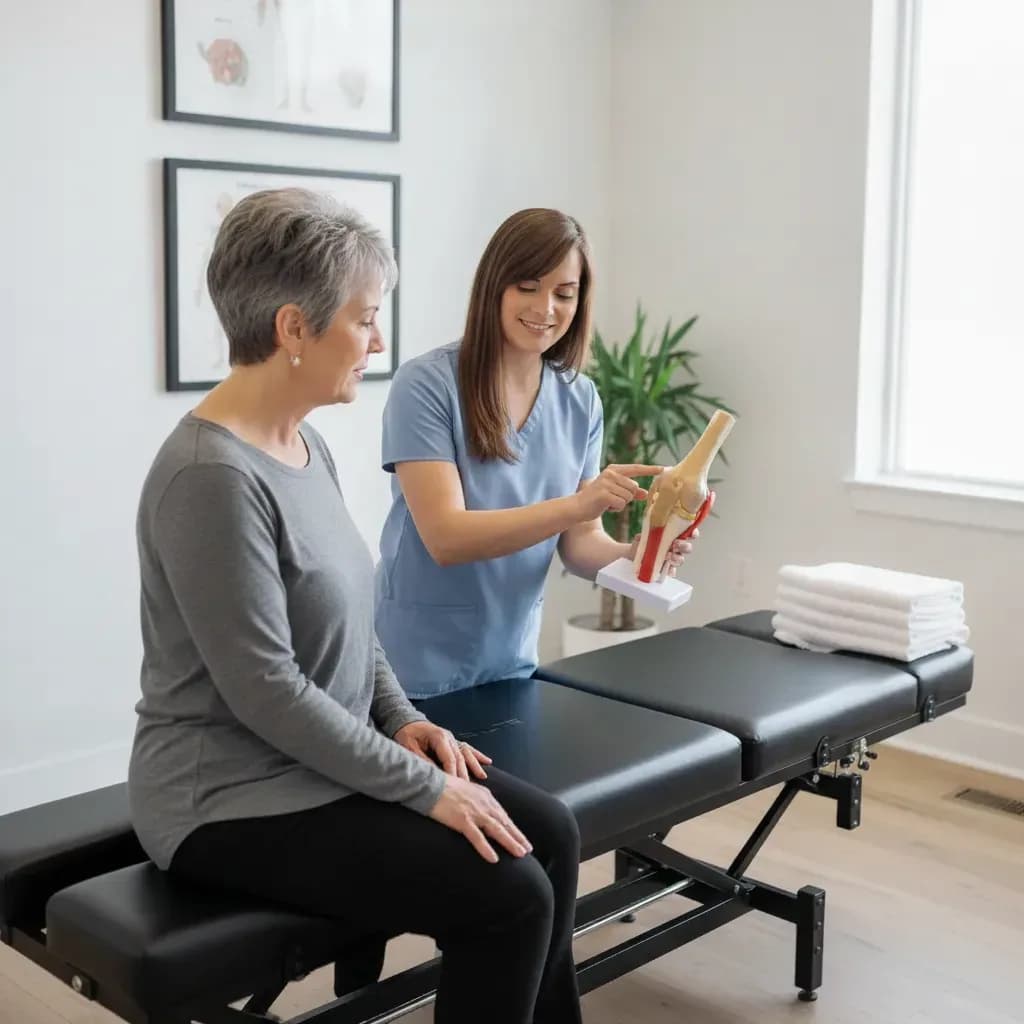 Clinician explaining knee/hip joint anatomy on a model to an older female patient — BACK IN BALANCE Clinic, downtown Toronto