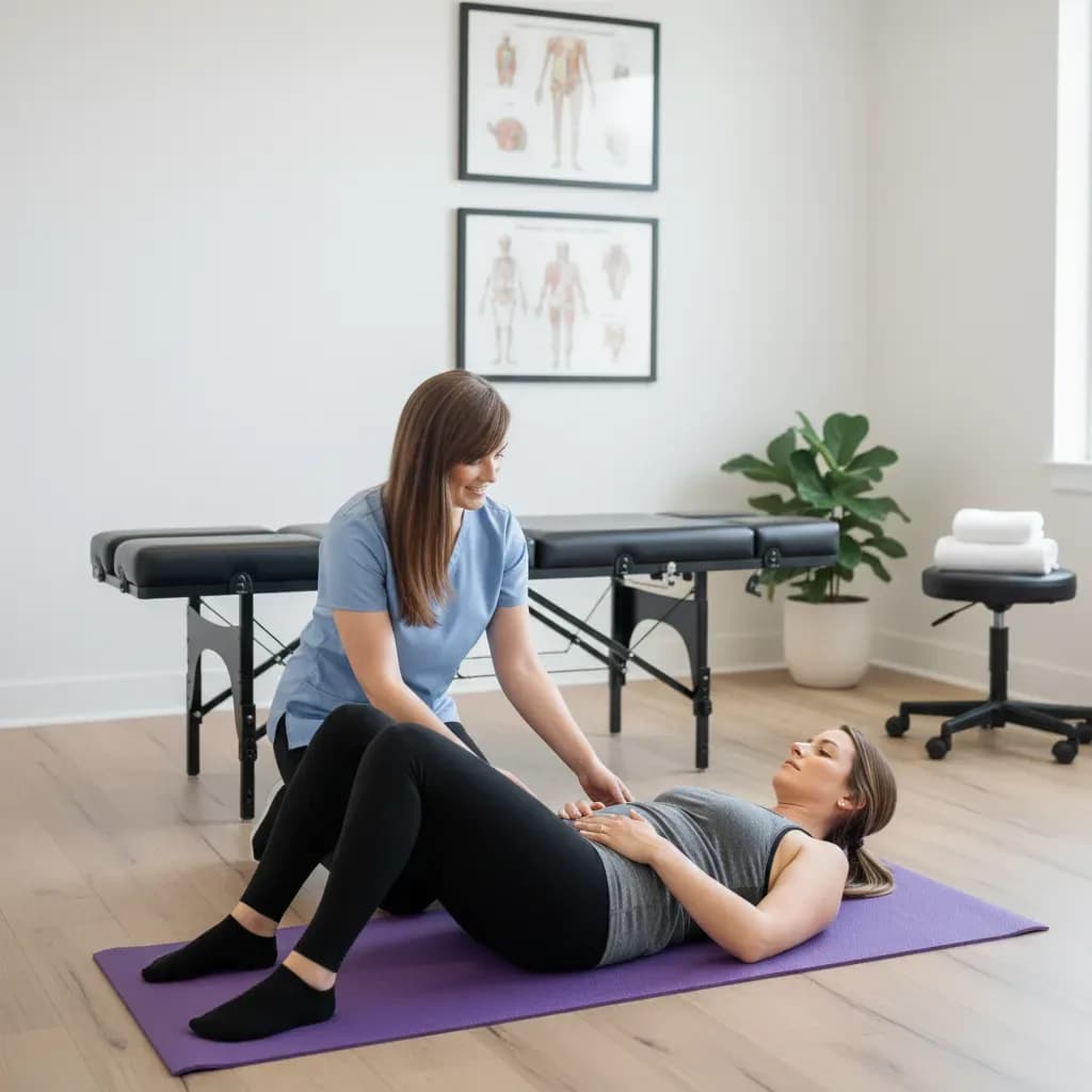 Lisa coaching a postpartum mother through a gentle core/pelvic-floor exercise on a mat — BACK IN BALANCE Clinic, downtown Toronto