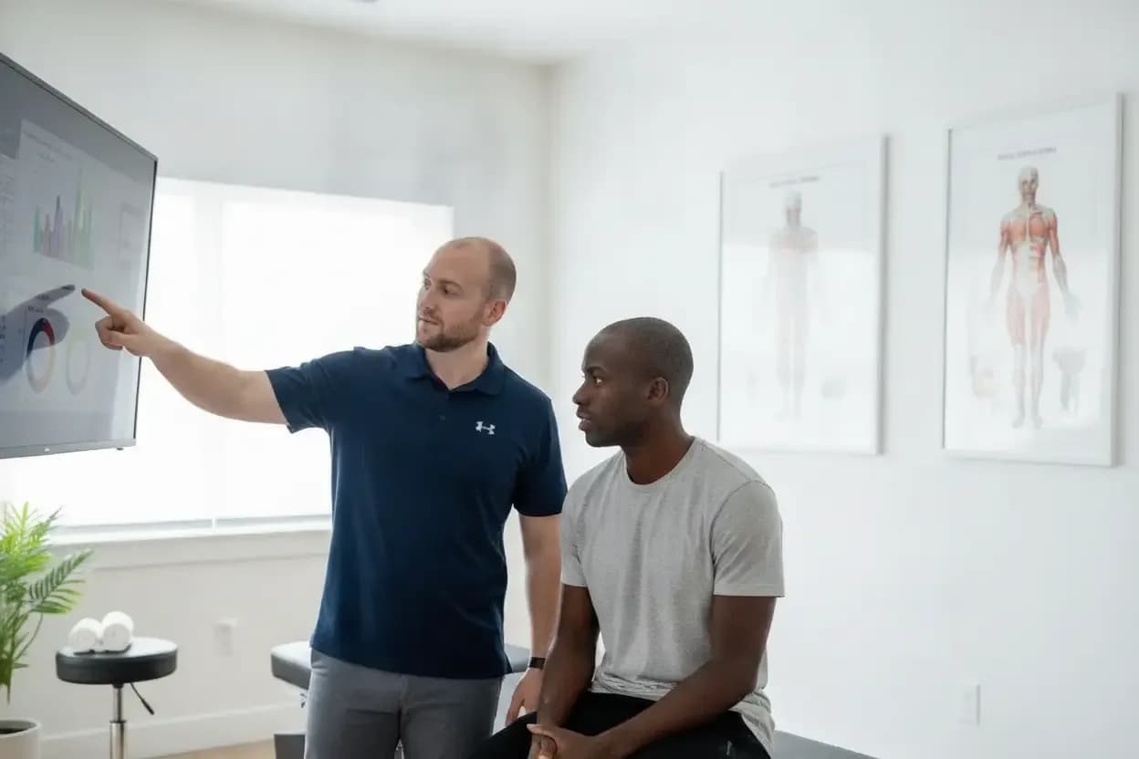Dr. Murray reviewing gait and performance data on screen with an athlete — BACK IN BALANCE Clinic, downtown Toronto