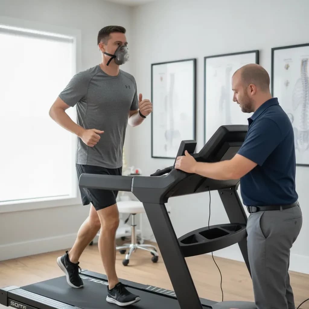 Patient mid-effort on the treadmill with mask, clinician adjusting intensity — BACK IN BALANCE Clinic, downtown Toronto