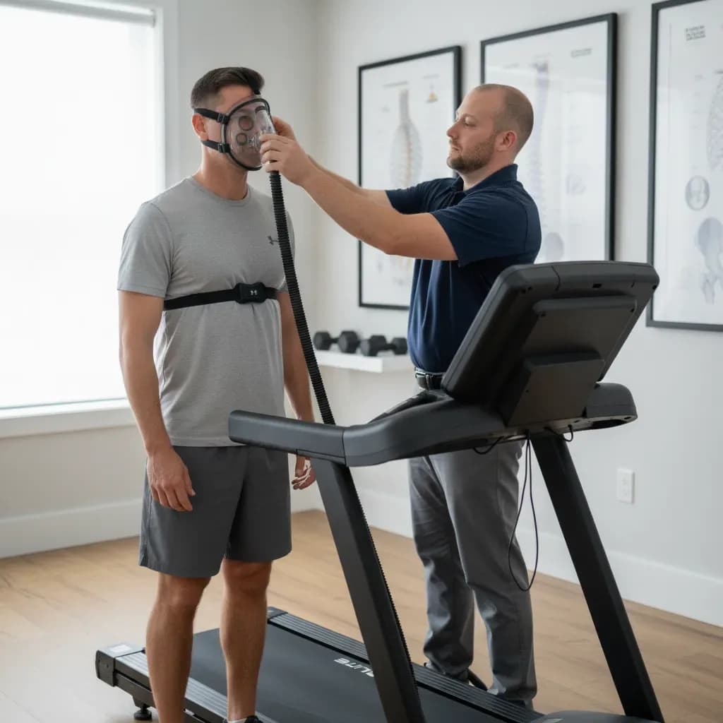 Clinician fitting the mask and heart-rate strap on the patient before the test — BACK IN BALANCE Clinic, downtown Toronto