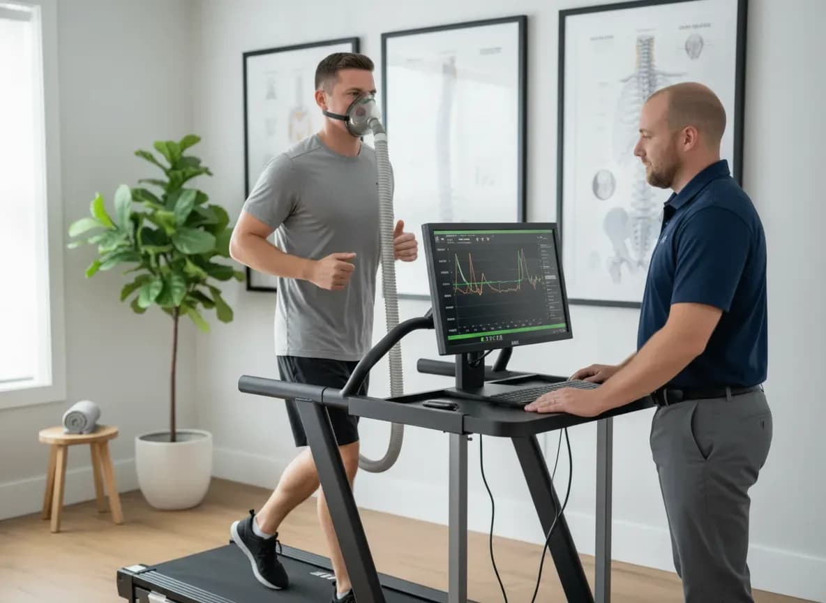 Male Caucasian patient on a treadmill wearing a VO2 metabolic mask while the clinician monitors the screen — BACK IN BALANCE Clinic, downtown Toronto