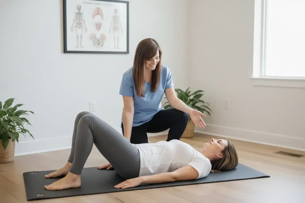 Dr. Clarke guiding a patient through a core and hip stability exercise on the mat — BACK IN BALANCE Clinic, downtown Toronto