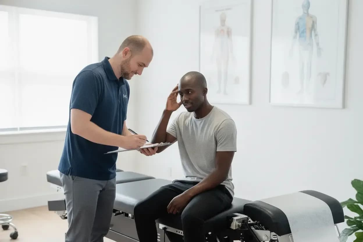 Dr. Matthew Serrick welcoming a patient for an accident-care consult, tablet in hand — BACK IN BALANCE Clinic, downtown Toronto