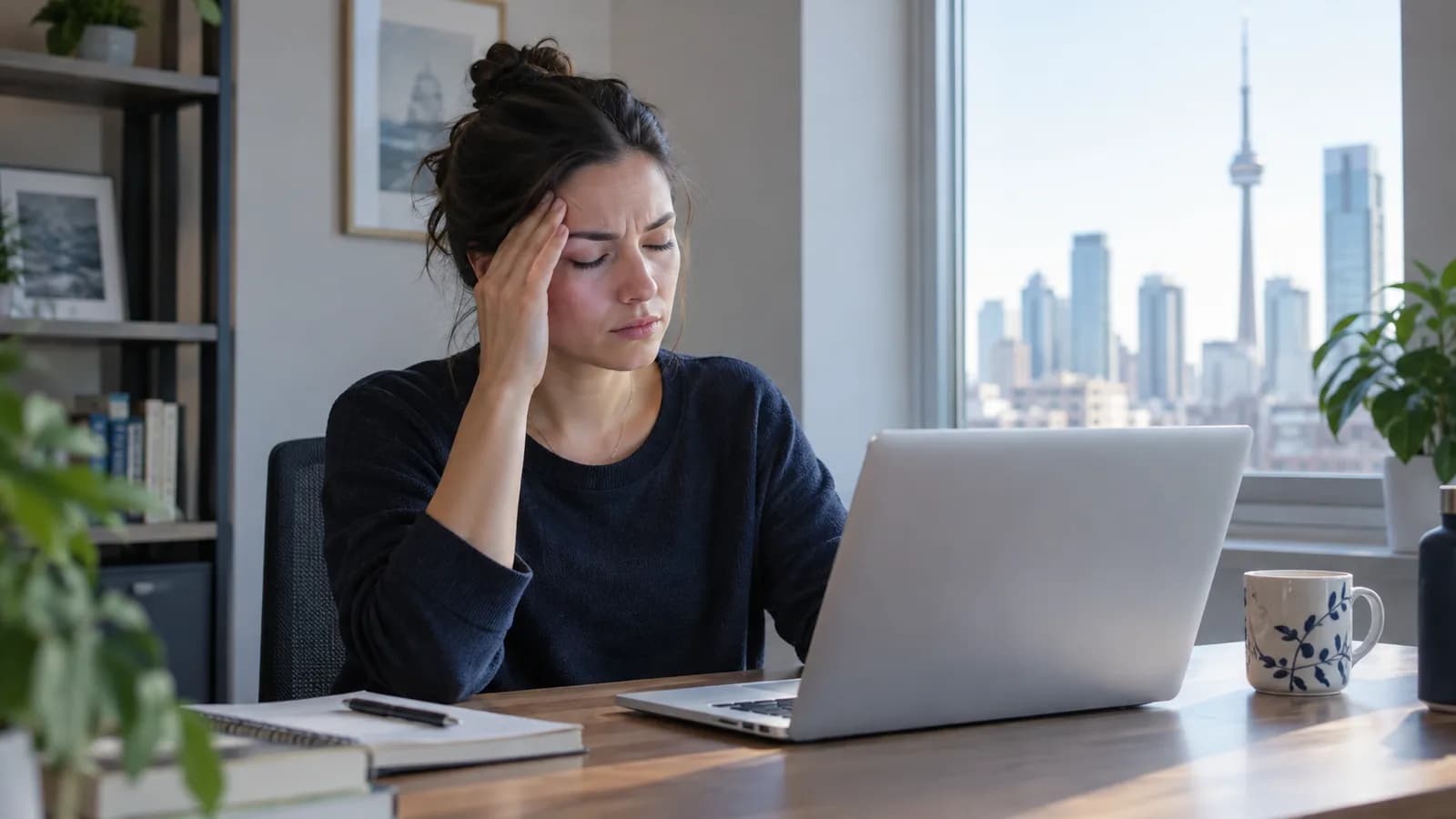 Woman experiencing headache and eye strain while using a laptop after a concussion
