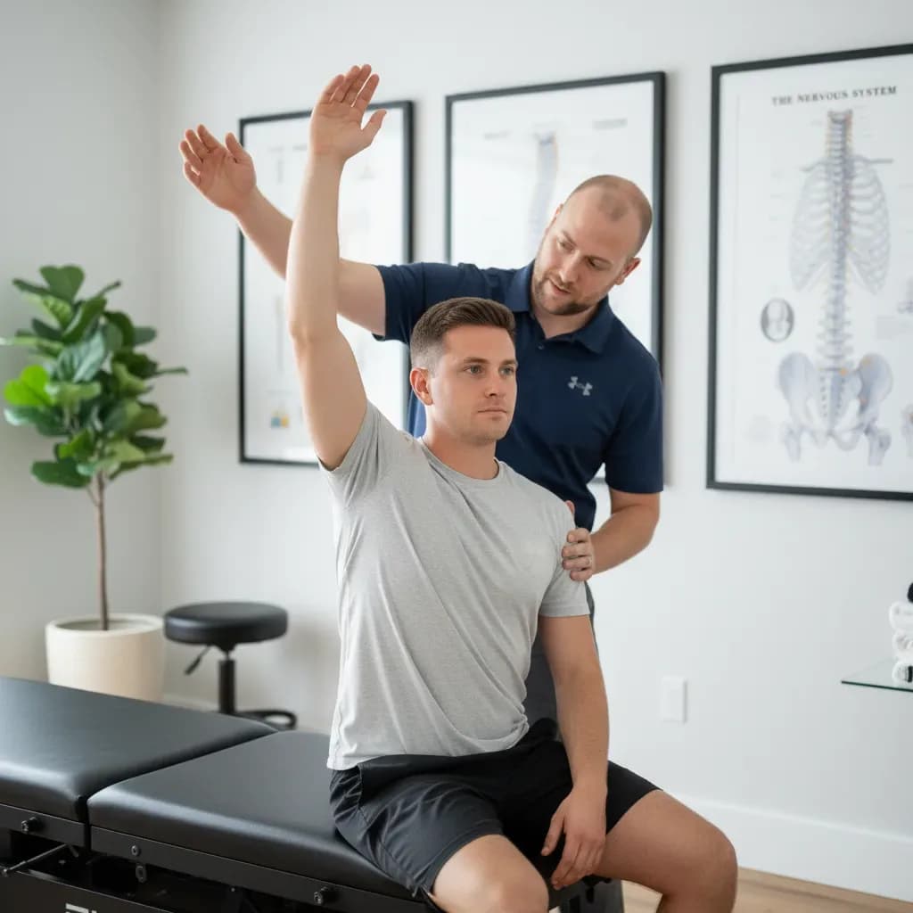 Chiropractor performing an orthopedic intake, testing range of motion of a seated male patient — BACK IN BALANCE Clinic, downtown Toronto
