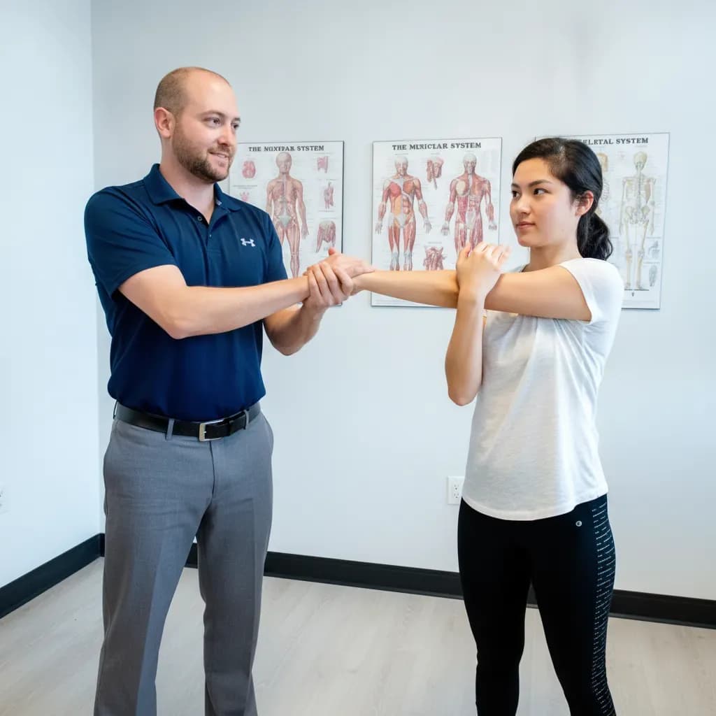 Chiropractor coaching a patient through a simple home exercise during a chiropractic visit at BACK IN BALANCE Clinic, downtown Toronto