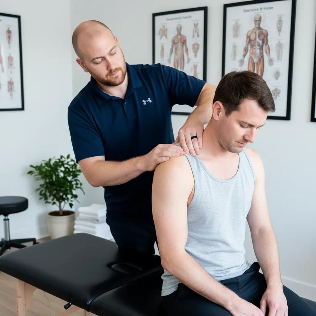 Chiropractor doing soft-tissue/mobilization work on a patient shoulder, modern clinic — BACK IN BALANCE Clinic, downtown Toronto
