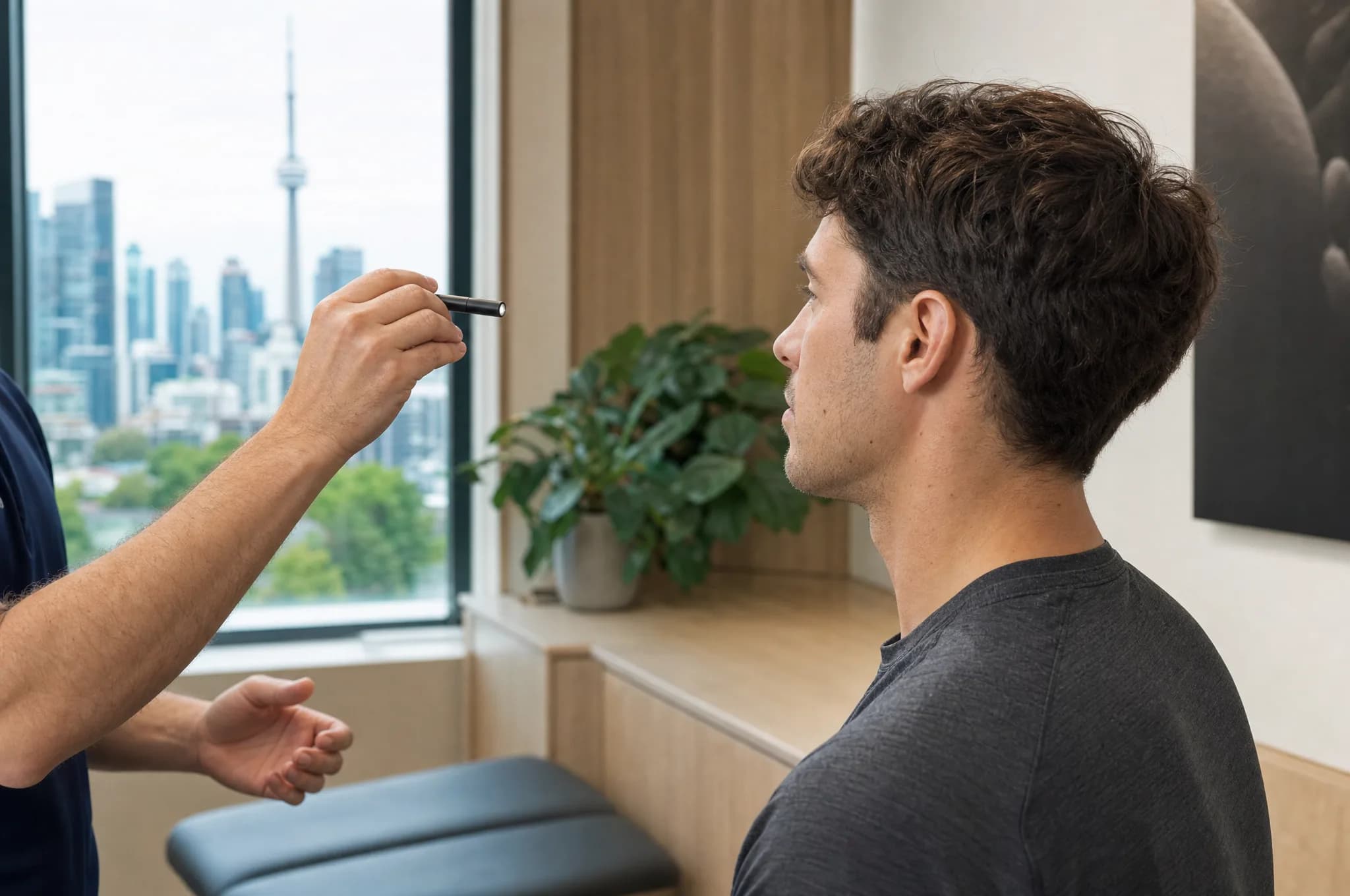 Clinician performing a vestibular and oculomotor concussion assessment in a downtown Toronto clinic