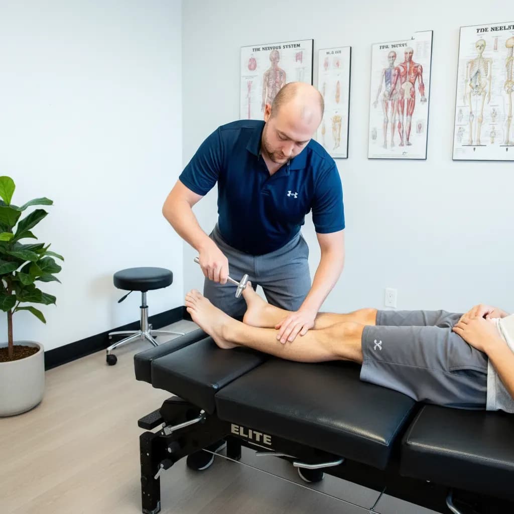Neurological/orthopedic disc assessment, clinician testing reflexes or sensation — BACK IN BALANCE Clinic, downtown Toronto