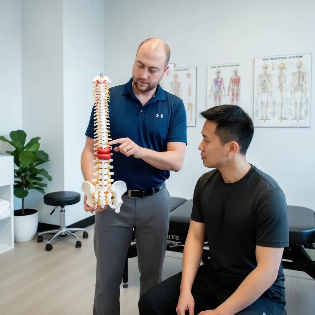 Clinician showing a spine/disc model or MRI on screen, explaining to patient — BACK IN BALANCE Clinic, downtown Toronto