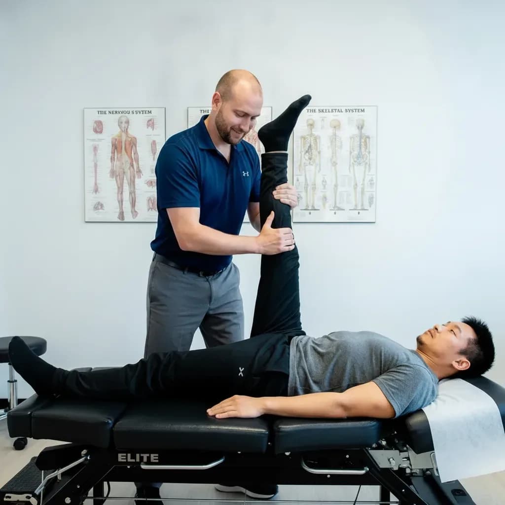 Dr. Matthew Serrick performing a straight-leg-raise / neural-tension test on a male Asian patient supine, assessing disc-related sciatica — BACK IN BALANCE Clinic, downtown Toronto
