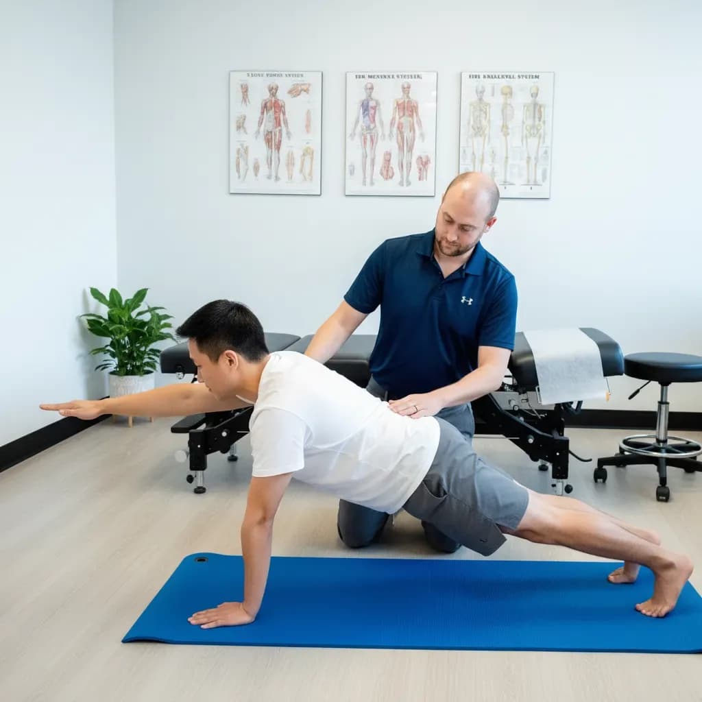 Patient doing a graded McGill-style core exercise, clinician supervising — BACK IN BALANCE Clinic, downtown Toronto
