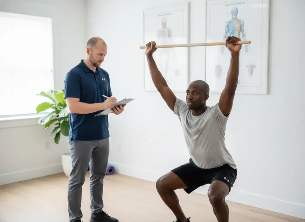 Clinician scoring a male Black patient overhead-squat movement screen with a clipboard — BACK IN BALANCE Clinic, downtown Toronto