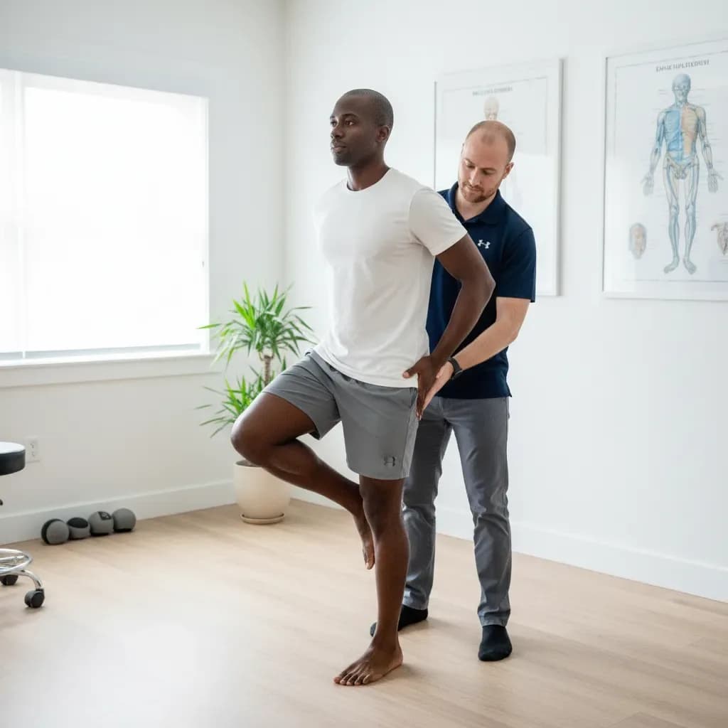 Clinician assessing rotational/balance movement, focus on form — BACK IN BALANCE Clinic, downtown Toronto