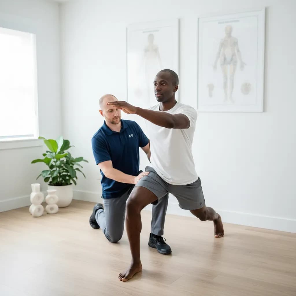 Patient performing a lunge/reach movement while clinician observes and measures — BACK IN BALANCE Clinic, downtown Toronto