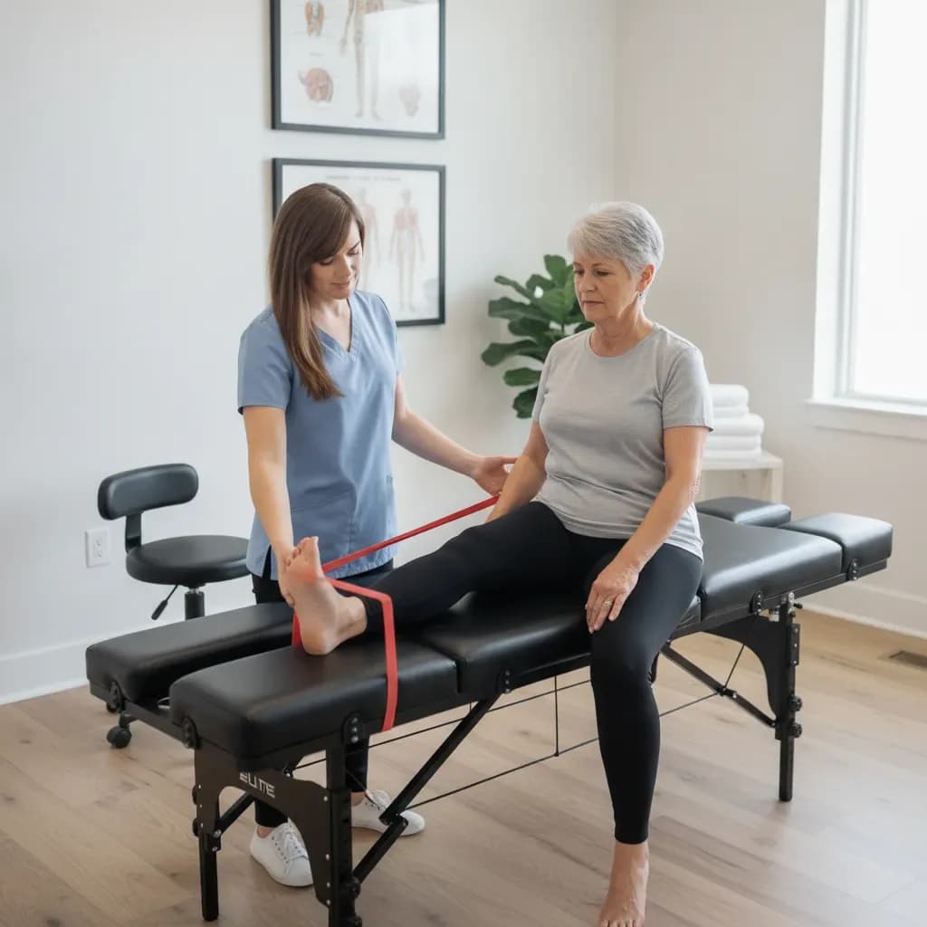 Older female patient doing a supervised resistance-band leg-strength exercise, Lisa guiding — BACK IN BALANCE Clinic, downtown Toronto