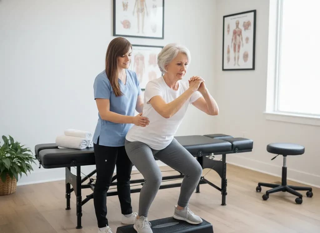 Lisa supervising an older female patient through a guided squat/step neuromuscular exercise in the clinic — BACK IN BALANCE Clinic, downtown Toronto