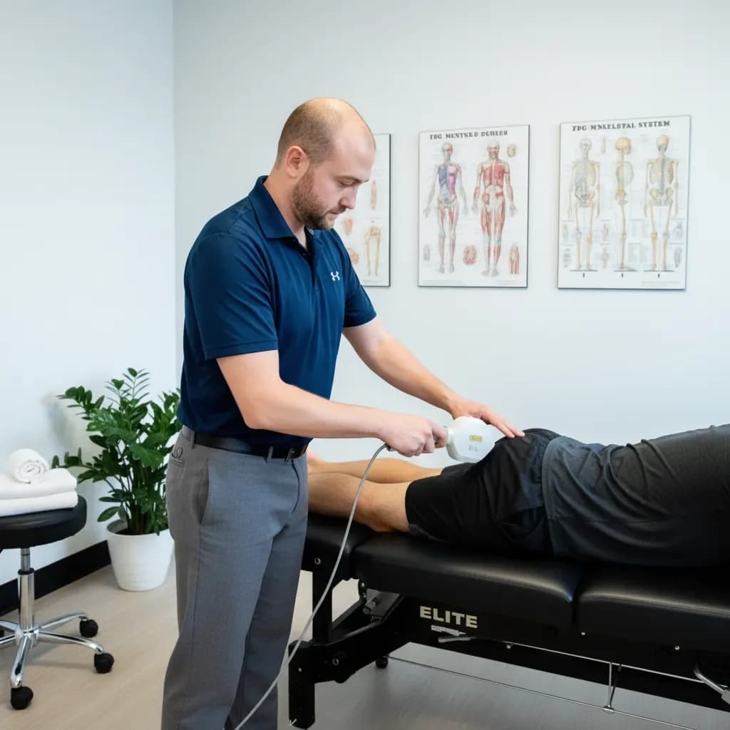 Laser therapy paired with manual care, clinician hands positioning the handpiece — BACK IN BALANCE Clinic, downtown Toronto