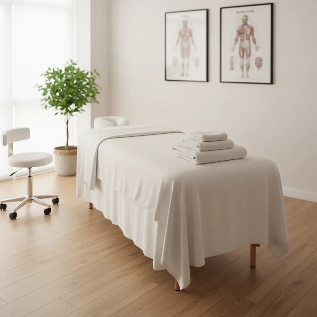 Inviting empty massage treatment room with table, folded towels, plant — ready for a session, no people — BACK IN BALANCE Clinic, downtown Toronto