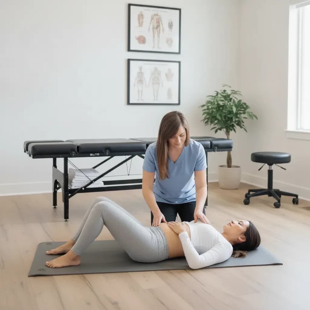Lisa coaching a postpartum mother through a core/pelvic-floor rehab exercise on a mat — BACK IN BALANCE Clinic, downtown Toronto