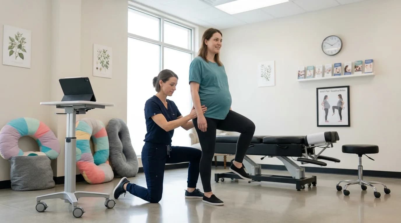A female practitioner in dark blue scrubs kneels behind a pregnant patient in a bright, modern chiropractic clinic. The patient lifts one knee while the practitioner places her hands on the patient's pelvis to evaluate joint motion.