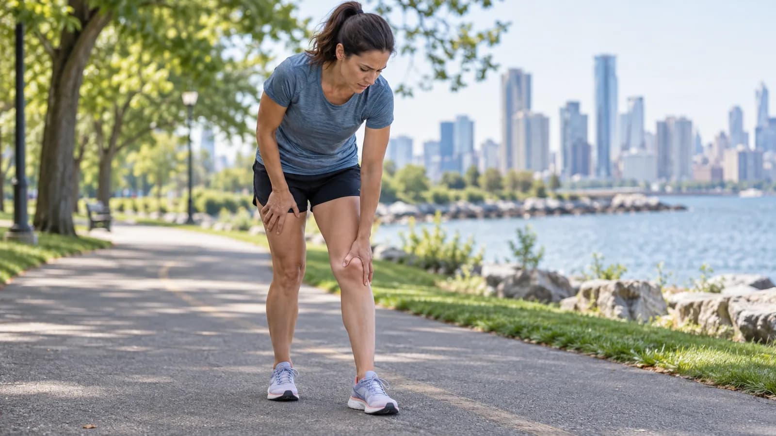 Recreational runner pauses on a waterfront path, holding the front of her left knee with discomfort.
