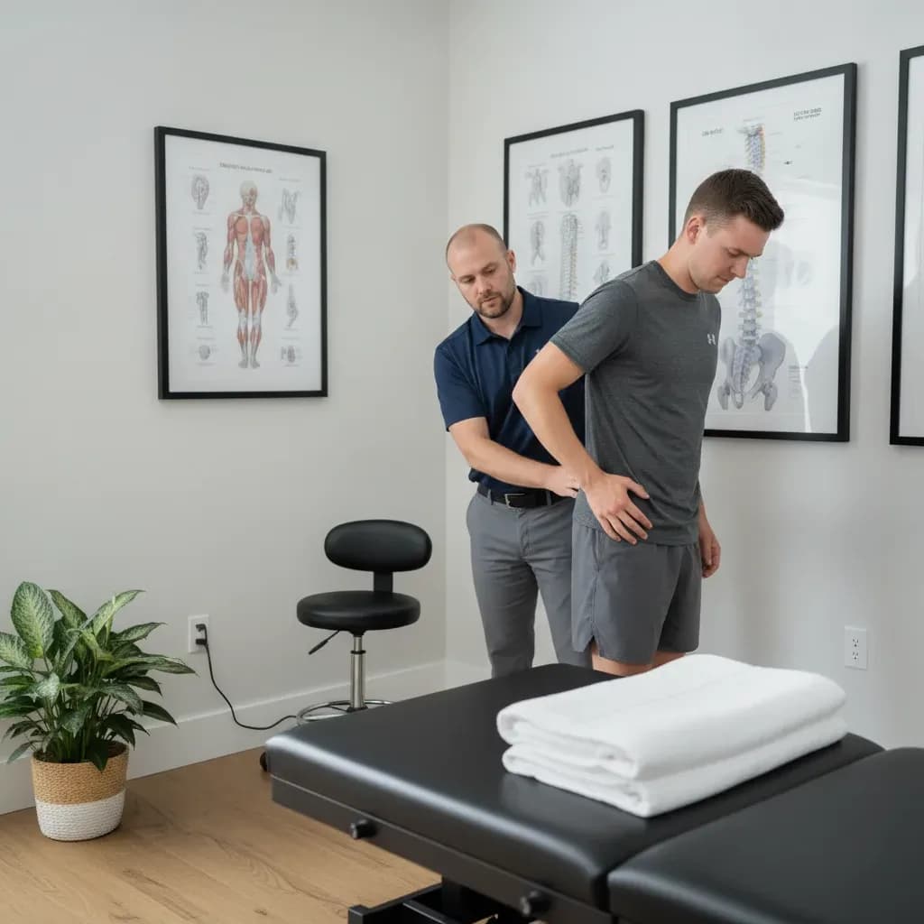 Dr. Matthew Serrick performing a hands-on functional movement and posture assessment on a standing patient — BACK IN BALANCE Clinic, downtown Toronto