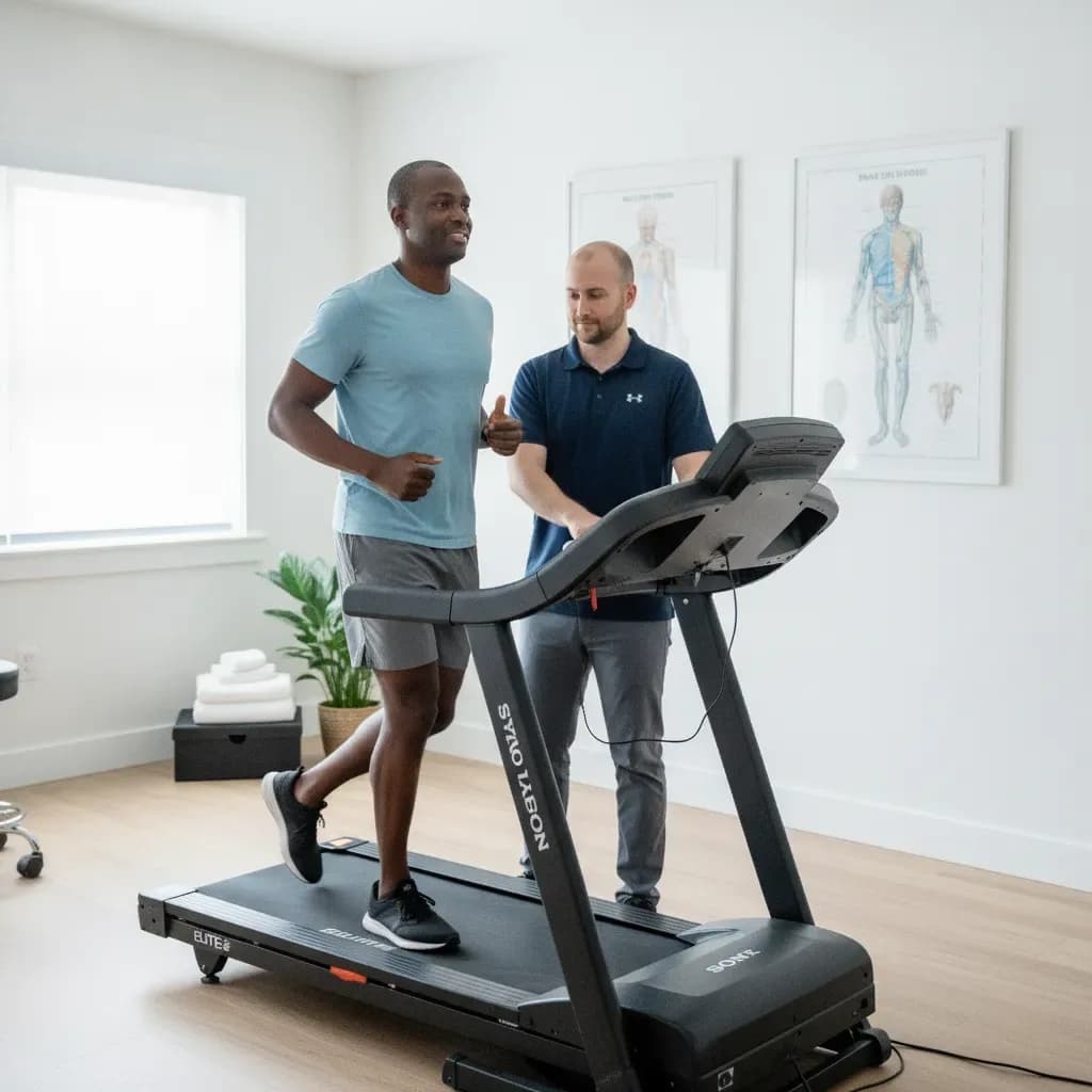 Runner on treadmill at a controlled pace, clinician setting intervals; confident recovery — BACK IN BALANCE Clinic, downtown Toronto