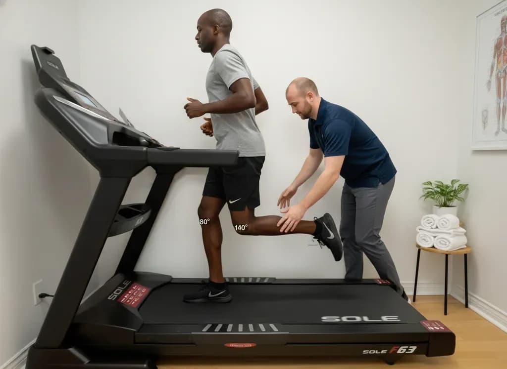 Male Black runner on a treadmill, clinician analysing gait with joint-angle overlay — BACK IN BALANCE Clinic, downtown Toronto